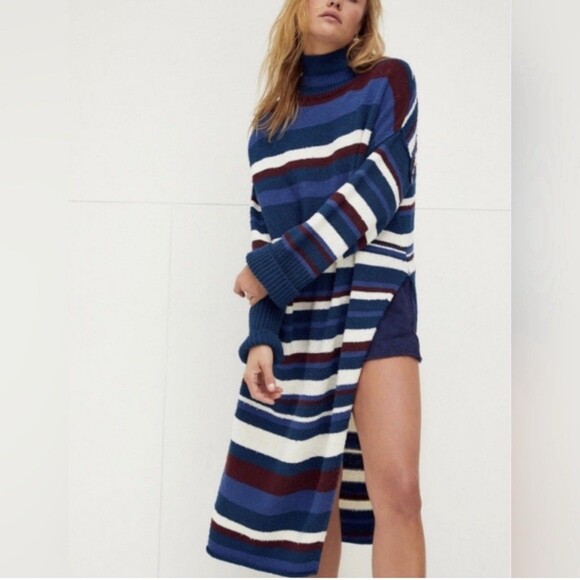 Free People Atlas Swearer Dress Pullover Small Blue White Maroon‎ Side Slit Boho - Picture 1 of 8